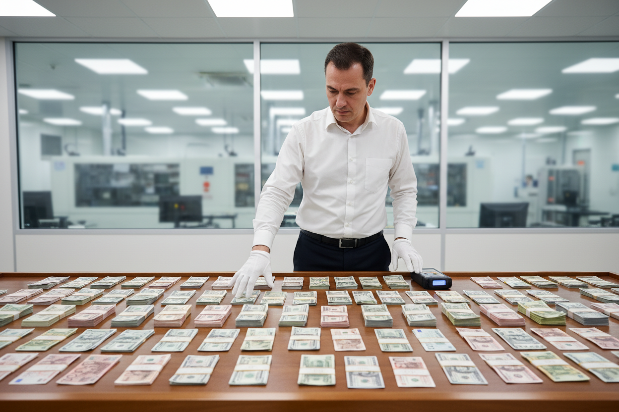 Gloved Man Supervising Currency Bills on Counter