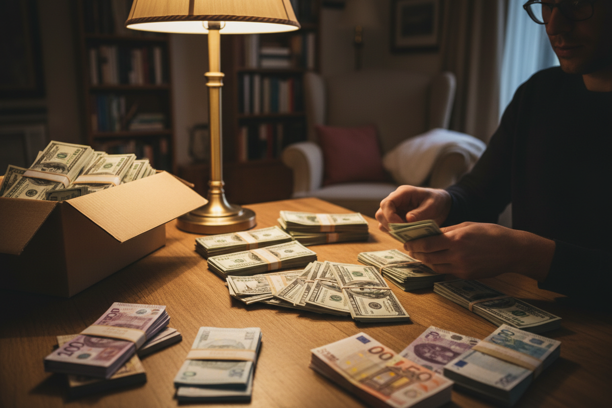 Person Counting Money at Desk with World Currencies